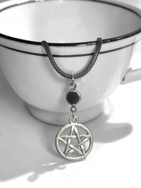 5 For $25💫Silver Pentagram Pendant Necklace with Black Acrylic Gem Accent